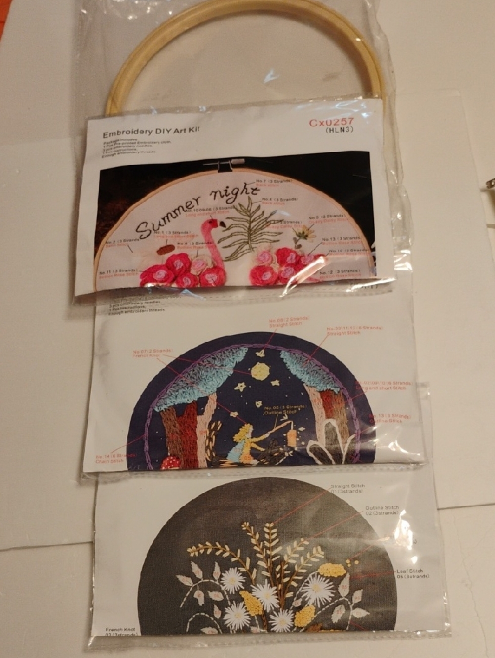 Embroidery Hoop Kit with Floral & Night Sky Designs - Pink, Navy, Gold, White